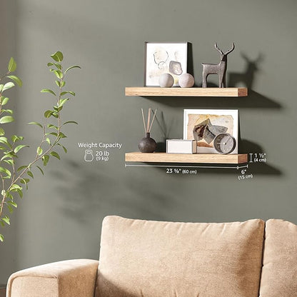 Ballucci Floating Shelves, 24" Wood Wall Shelf Set of 2, Invisible Brackets Floating Shelf Bathroom Wall Decor, Living Room, Bedroom, Kitchen, Nursery, 6" Deep, Natural Oak