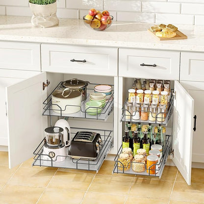 2-Tier Pull Out Cabinet Organizer (8" W x 22" D), Soft Close Cabinet Slide Out Shelves, Heavy Duty Slide Out Drawers with Shelf Liner for Kitchen Cabinets, Pantry Storage, Bathroom