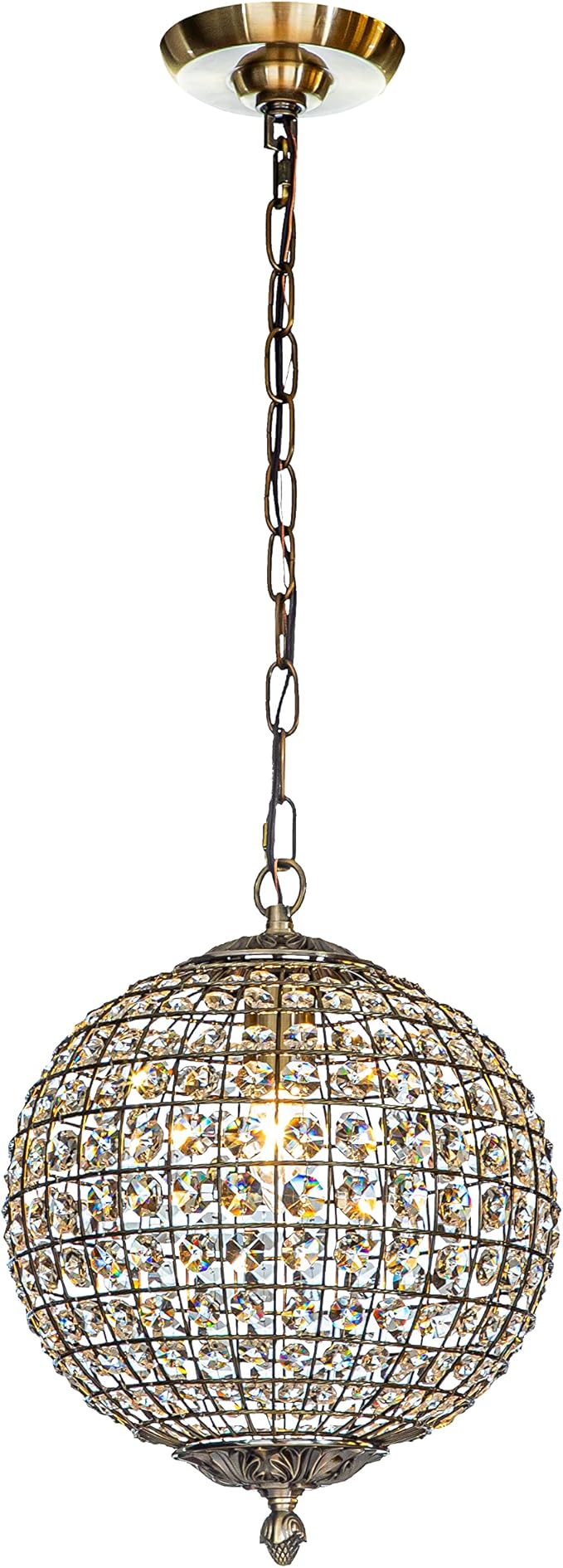 ALOADECOR 1-Light W12 in. Retro Antique Gold Globe Chandelier Small Crystal Vintage Cage-Style Shade Pendant Light for Kitchen Island Sphere Light Fixture for Bedoom