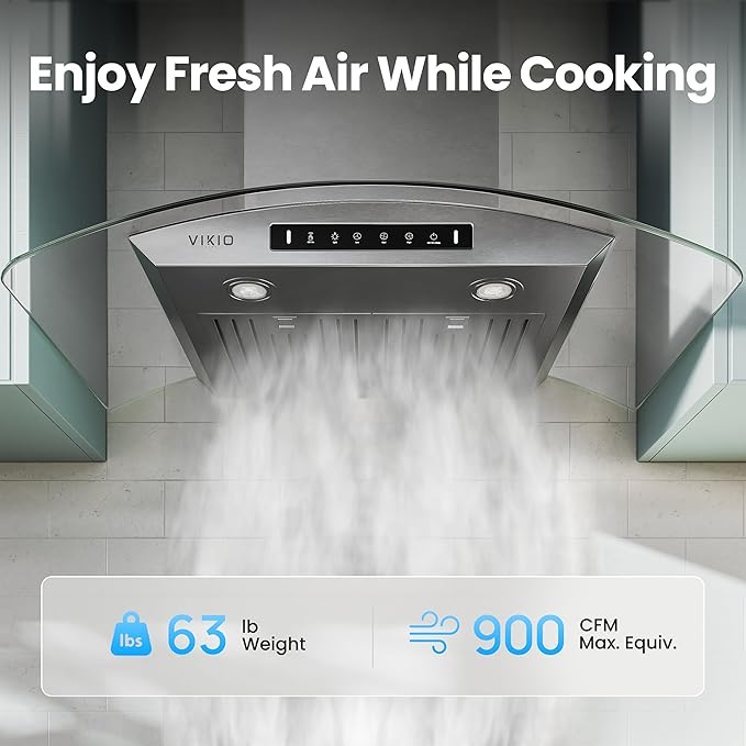 VIKIO HOME 36" Wall Mount Range Hood Tempered Glass 900 CFM, Kitchen Vent Stainless Steel with Gesture Sensing, Touch Control Switch Panel, Suitable for 7-9ft, Ducted, 3-Speed, Permanent Filter