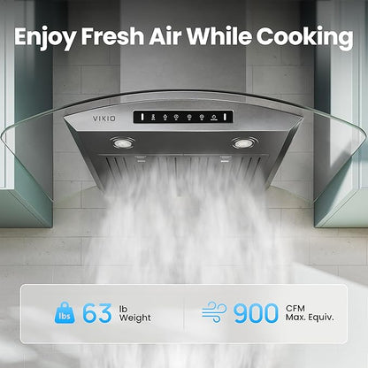 VIKIO HOME 36" Wall Mount Range Hood Tempered Glass 900 CFM, Kitchen Vent Stainless Steel with Gesture Sensing, Touch Control Switch Panel, Suitable for 7-9ft, Ducted, 3-Speed, Permanent Filter