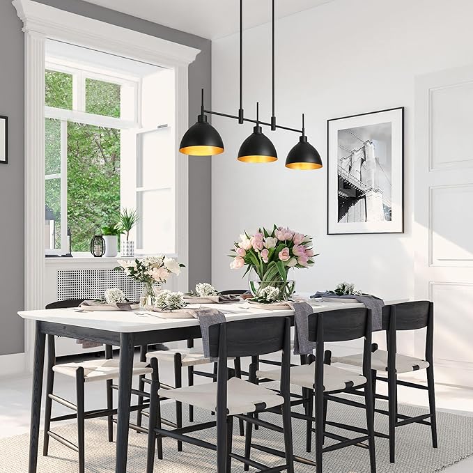 LOG BARN Black Chandeliers for Dining Room, Modern Farmhouse Linear Pendant Lighting for Kitchen Island, 3-Light Ceiling Fixture Hanging with Dome Metal Shade