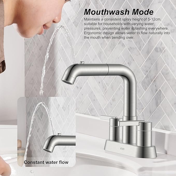 KENES Pull Down Bathroom Faucet with Sprayer, Brushed Nickel 4 Inch 2 Handle Centerset Bathroom Faucets 3 Hole with Pull Out Sprayer, Vanity Faucet with Pop Up Drain & Supply Lines LJ-9059A