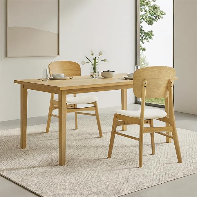 KISLOT Wooden Dining Chairs Set of 4, Upholstered Modern Dining Room Chairs, Mid Century Oak Kitchen Chairs with Ergonomic Wood Backrest for Farmhouse, Restaurant, Café (Cream Fabric & Original Color)