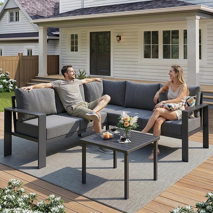 UDPATIO 6 Piece Patio Furniture Set, Metal Outdoor Sectional Sofa with 6" Thick Olefin Cushions, Wide Armrest & Coffee Table, L Shaped Outdoor Furniture for Garden, Backyard Dark Grey