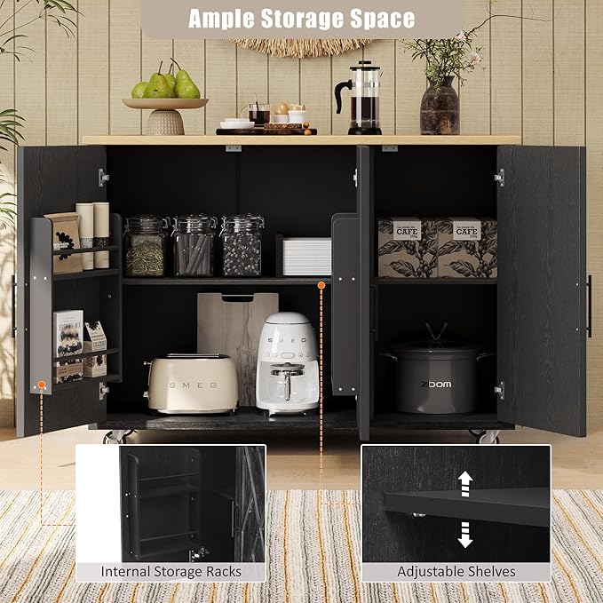 51.2"W Geometric Twill Stripe Textured Design Island with Drop Leaf, Farmhouse Kitchen Cart on Wheels with Internal Storage Rack, Rolling Kitchen Cart with Towel Rack (Black@044)