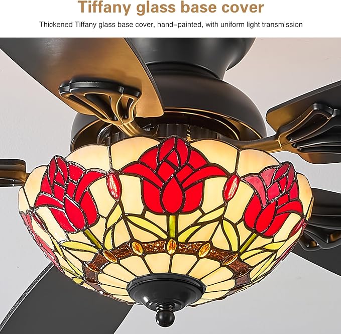 Tiffany Ceiling Fans with Lights - 52" Ceiling Fan Chandelier with 5 Dual-Blades and Glass Shade, 6 Speeds and Reversible, Indoor and Outdoor, Retro Style
