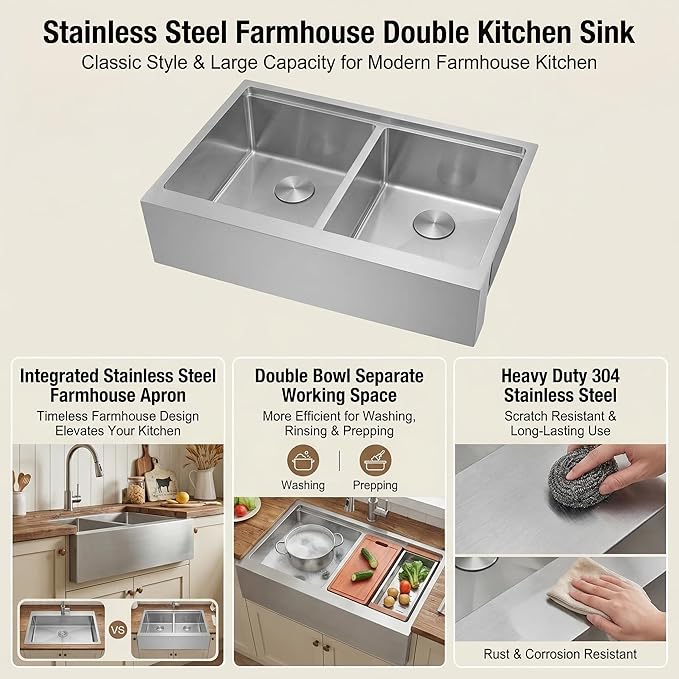 MILOSEN Farmhouse Kitchen Sink, 36''x22'' Drop-in/Undermount Double Bowl Workstation Apron Front Sink with Accessories, 50/50 Topmount Stainless Steel Farm Sinks, 10'' Large and Deep Handmade Sinks