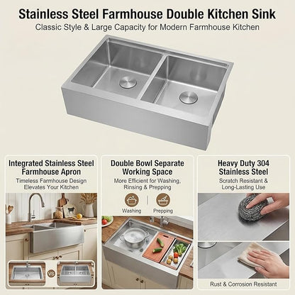 MILOSEN Farmhouse Kitchen Sink, 36''x22'' Drop-in/Undermount Double Bowl Workstation Apron Front Sink with Accessories, 50/50 Topmount Stainless Steel Farm Sinks, 10'' Large and Deep Handmade Sinks