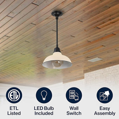 JONATHAN Y 12.25" Matte Almond 1-Light Farmhouse Indoor/Outdoor LED Pendant Iron Hanging Light, and Black Metal Shade, Rustic Ceiling Lamp for Kitchen Island, LED Bulb Included (JYL7611J)