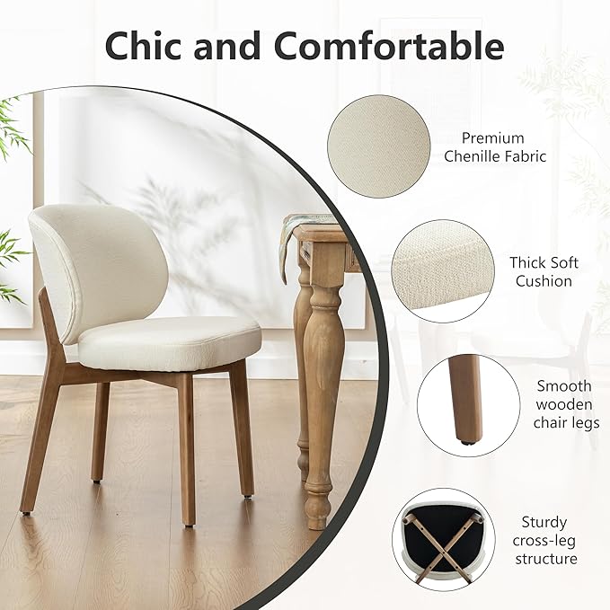 YOUNIKE Dining Chair with High Back Set of 3 Mid Century Modern Kitchen Chair Boucle Fabric Upholstered Armless Chair 20" Wide Padded Seat with Wooden Leg for Kitchen Dining Living Room Bedroom Beige