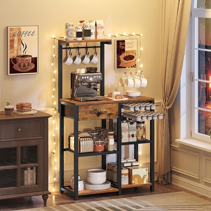 YATINEY Coffee Bar Cabinet, Kitchen Island with Storage, Bakers Rack with Storage, 5-Tier Coffee Bar Station with Drawer, KF22BR-KF60BRY1