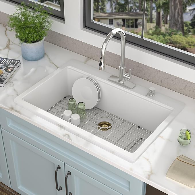33"x22" Granite Composite Kitchen Sink - Ledge Workstation Drop In Topmount White Quartz Classic Above Counter Single Bowl Basin