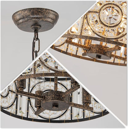 Bronze Vintage Crystal Chandeliers for Dining Room 14.17" Drum Pendant Lights, Dining Room Light Fixtures Over Table, Hanging Chandelier for High Ceiling Kitchen Island Living Room Foyer