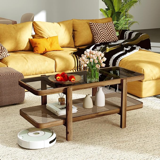 Tangkula Rattan Coffee Table, 47.5”L Boho Cocktail Tables, 2-Tier Center Table with Tempered Glass Tabletop, PE Rattan Shelf & Acacia Wood Frame, Mid Century Modern Tea Table for Living Room (Natural)