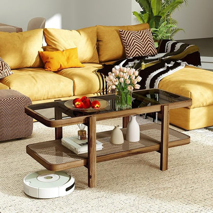 Tangkula Rattan Coffee Table, 47.5”L Boho Cocktail Tables, 2-Tier Center Table with Tempered Glass Tabletop, PE Rattan Shelf & Acacia Wood Frame, Mid Century Modern Tea Table for Living Room (Natural)