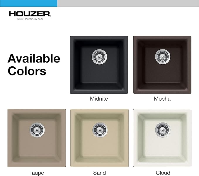 Houzer E-100 MIDNITE Quartztone Granite Series Bar Sink - Black Dual Mount 13 x 13 inch Single Bowl Sink, Durable Construction, Perfect for Kitchen or Food Prep