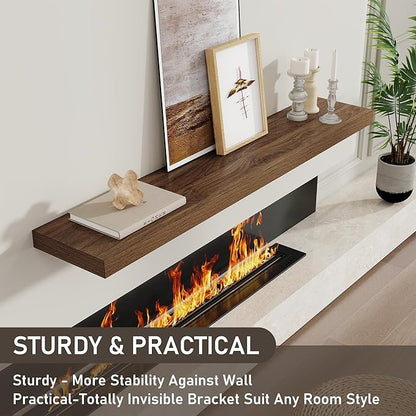 Fun Memories 48 Inch Floating Shelves for Wall 8 Inch Deep Walnut Shelves Set of 2, Wall Mounted Rustic Wood Long Floating Shelf, Large Display & Storage Shelf with Invisible Brackets
