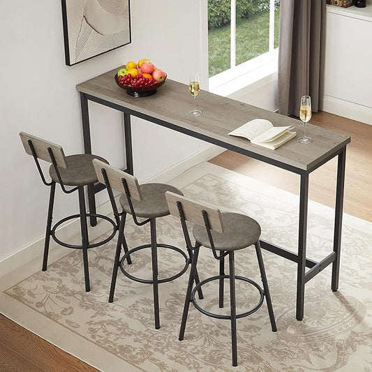 GNIXUU 4 Piece Long Bar Table and Chairs Set, Industrial Counter Height Dining Table Set with Sofa Bar Table and 3 Upholstered Stools with backrest for Breakfast Nook Living Room Small Space(Grey)