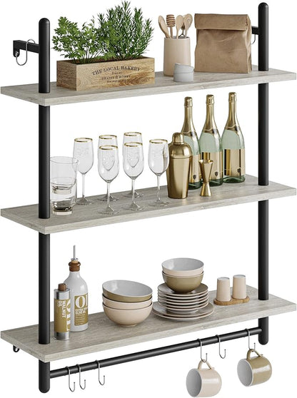 Bestier 3 Tier Industrial Pipe Shelving, Floating Book Shelves for Wall, Storage Hanging Shelves with Towel Bar for Bathroom Organizer Bedroom Kitchen Plants Office. 31.5 Inch Retro Grey