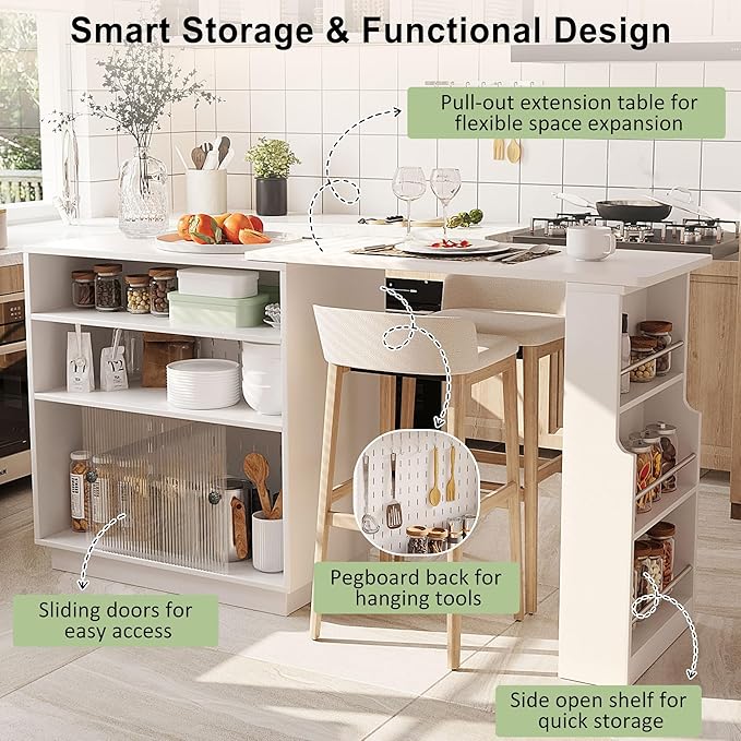 Modern Counter Height Dining Table,Extendable Kitchen Island & Buffet with Acrylic Sliding Doors,Pegboard,Half-Open Storage Shelves,Aluminum Alloy Handles (White-MC)