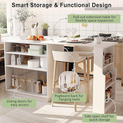 Modern Counter Height Dining Table,Extendable Kitchen Island & Buffet with Acrylic Sliding Doors,Pegboard,Half-Open Storage Shelves,Aluminum Alloy Handles (White-MC)