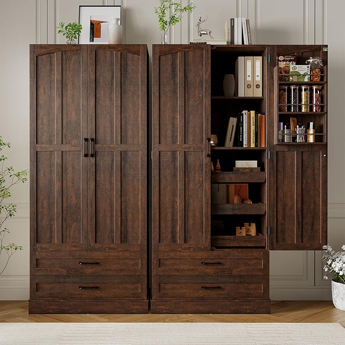 ONBRILL 71" Tall Farmhouse Kitchen Pantry Cabinet with 3 Pull Out Shelves & 2 Large Drawers, Pantry Storage Cabinet with 6 Door Shelf & Adjustable Shelf, Freestanding Cupboard for Kitchen, Dining Room