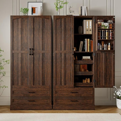 ONBRILL 71" Tall Farmhouse Kitchen Pantry Cabinet with 3 Pull Out Shelves & 2 Large Drawers, Pantry Storage Cabinet with 6 Door Shelf & Adjustable Shelf, Freestanding Cupboard for Kitchen, Dining Room