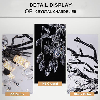 Crystal Tree Branches Chandeliers Luxury Round Hanging Pendant Light 10 Lights for Dining Room Bedroom Living Room Entryway 30.5" Black