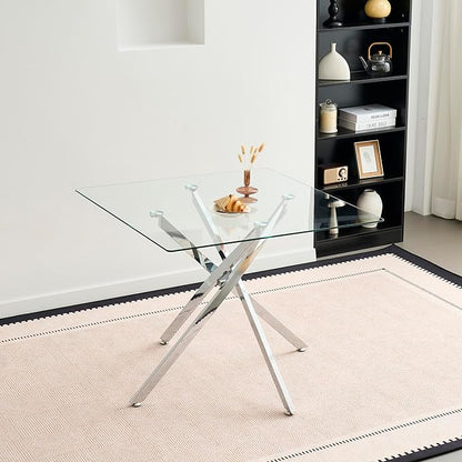 Square Dining Table for 4, 36 Inch Glass Kitchen Table with Silver X Metal Legs, Modern Tempered Glass Dinner Room Table for Small Space Dining Room Kitchen Restaurant