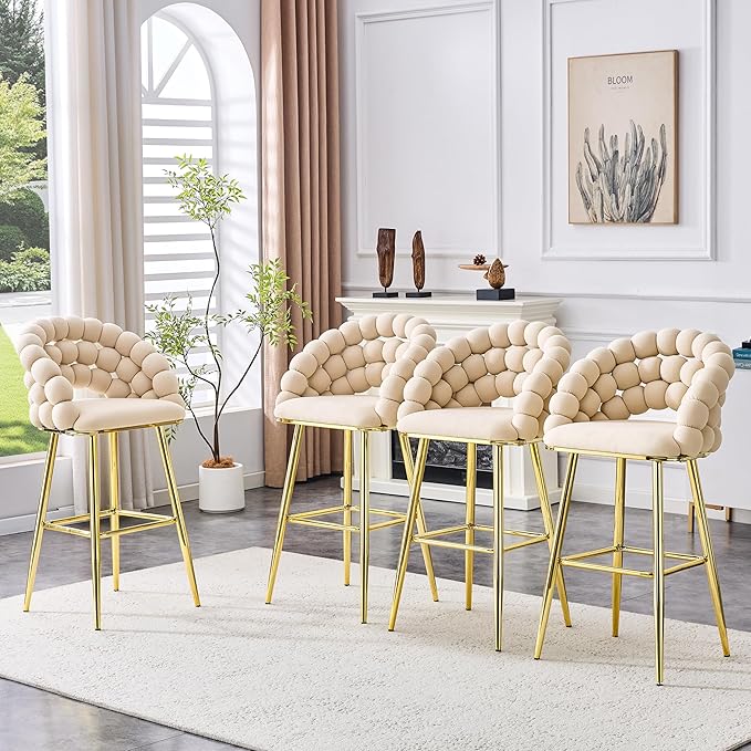 Set of 2 Beige Puffy Bubble Chair Ball Chain Chair Velvet Bar Stools with Gold Legs, Tufted Accent Bar Chairs for Kitchen Island Home Bar