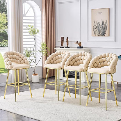 Set of 2 Beige Puffy Bubble Chair Ball Chain Chair Velvet Bar Stools with Gold Legs, Tufted Accent Bar Chairs for Kitchen Island Home Bar