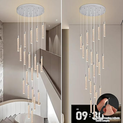 20-Lights Bubble Chandelier for Entryway High Ceiling-157 Height Adjustable Crystal Chandelier,3 Color Temperature Dimmable LED Pendant Light Fixture for Foyer Living Room Staircase,Chrome