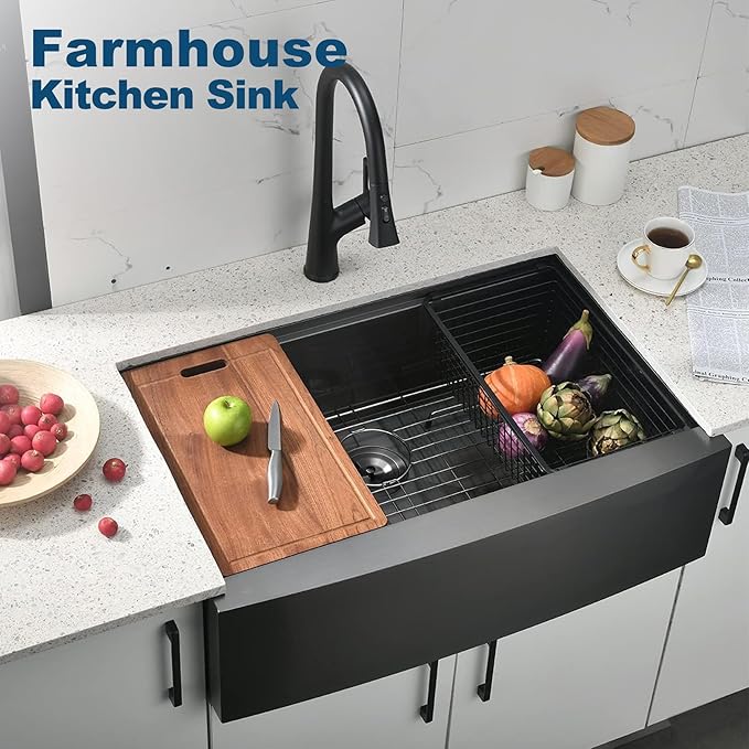 Doirteal 30" Farmhouse Sink, 16 Gauge Nano Black Stainless Steel Apron Front Kitchen Sink, 30x22x10 Undermount Workstation Single Bowl with Cutting Board, Colander & Grid, Scratch-Resistant