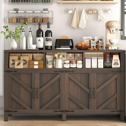 knoworld Buffet Sideboard with Storage Farmhouse with 4 Doors, 55'' Large Kitchen Storage Cabinet Wood Coffee Bar Cabinet Buffet Table with Shelves for Kitchen, Dining Room, Entryway (Brown, 55in)