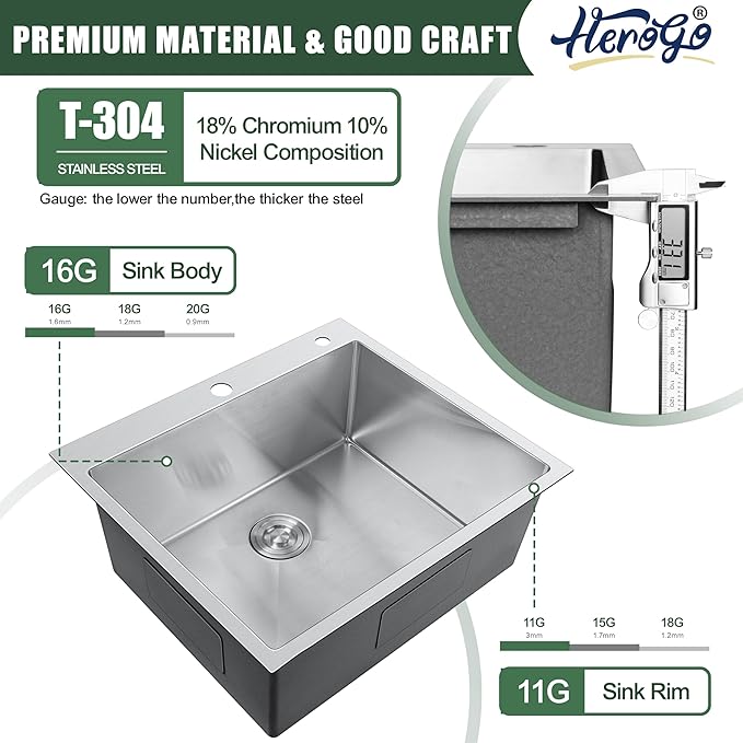 25x22Inch Drop In Kitchen Bar Sink, Herogo Stainless Steel Handmade 10'' Deep Topmount Single Bowl Kitchen Workstaion Rv Sink Basin for Laundry Room Utility with Accessories