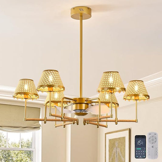 Garwarm 37.4" Ceiling Fans with Lights,Chandelier Ceiling Fan Boho Rattan Fandelier Ceiling Fan with Lights Remote Control for Kitchen Island Dining Living Room