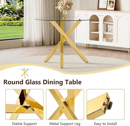 Round Glass Dining Table 39 Inch Modern Round Kitchen Table with Metal Legs Durable Stylish Dinner Table for Dining Room Kitchen