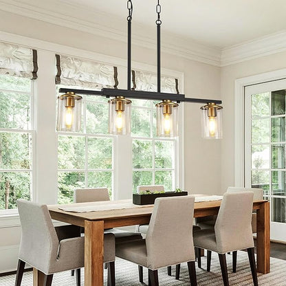 4-Light Kitchen Island Lighting,Dining Room Lights Modern Farmhouse Chandelier with Clear Glass Shade,Modern Rustic Black and Gold Metal Chandelier, Kitchen Pendant Light Fixtures Over Table