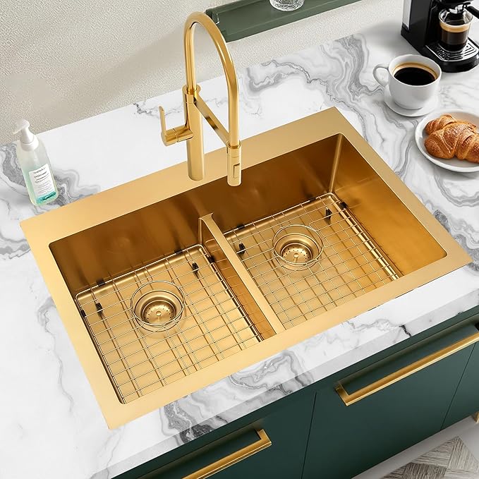 MILOSEN 33''x22'' Gold Double Bowl Kitchen Sink, 50/50 T304 Stainless Steel Drop in Gold Kitchen Sinks, Topmount Large and Deep Workstation Sink, Handmade Low-Divide Double Basin with Accessories