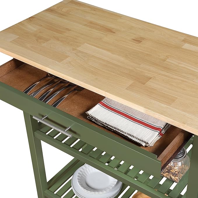 Convenience Concepts Designs2Go 3 Tier Butcher Block Kitchen Prep Island 40" - 3 Tier Modern Cooking Cart with Drawer, Food Serving Station for Kitchen, Dining Room, Dark Green Sage