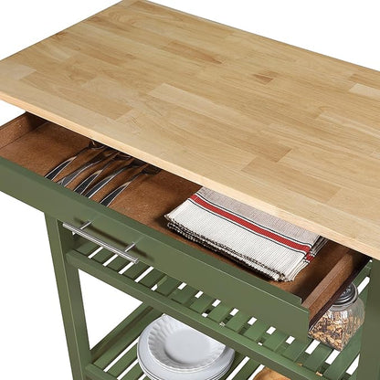 Convenience Concepts Designs2Go 3 Tier Butcher Block Kitchen Prep Island 40" - 3 Tier Modern Cooking Cart with Drawer, Food Serving Station for Kitchen, Dining Room, Dark Green Sage