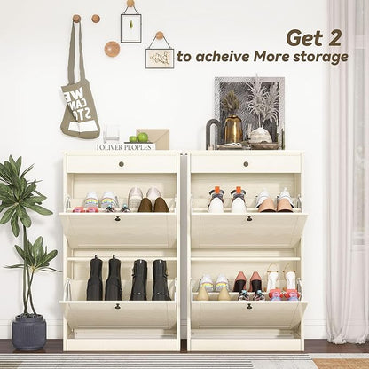FTZxHKLX Shoe Cabinet with 2 Flip Drawers, Slim Freestanding Hidden Shoe Organizer with Drawer, Pet-Proof Shoe Storage Cabinet for Entryway Living Room Behind The Door, Light Oak