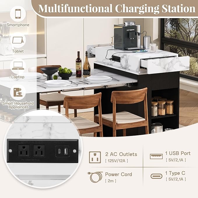 GDFStudio Horizon 57.7" Extendable Dining Table with Folding Top, Kitchen Island with Power Outlet and Drawers, Rolling Bar Table with Glass Door and Storage Shelves, Creamy White & Black