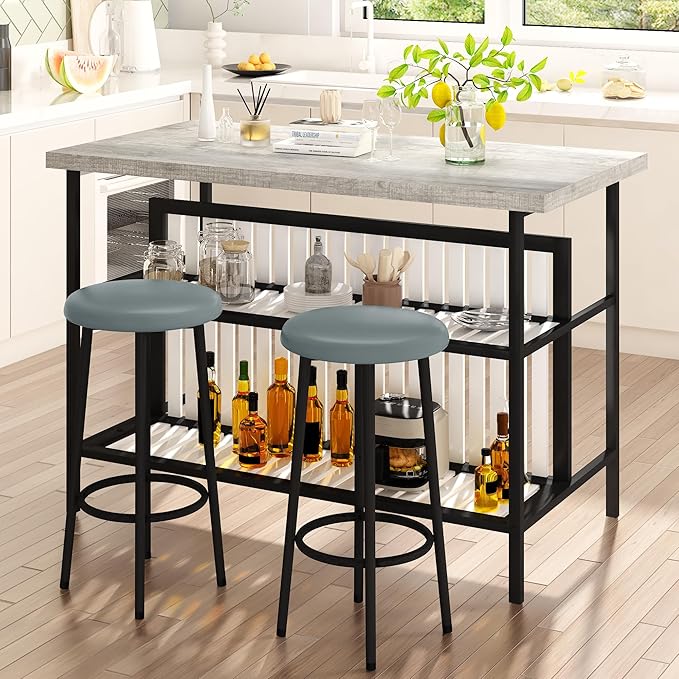 AWQM Kitchen Island with Seating & Storage Shelf, Faux Marble Island Table for Kitchen, Modern Bar Table and Chairs Set for 2,Dining Table Set for Small Space,Grey
