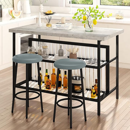 AWQM Kitchen Island with Seating & Storage Shelf, Faux Marble Island Table for Kitchen, Modern Bar Table and Chairs Set for 2,Dining Table Set for Small Space,Grey
