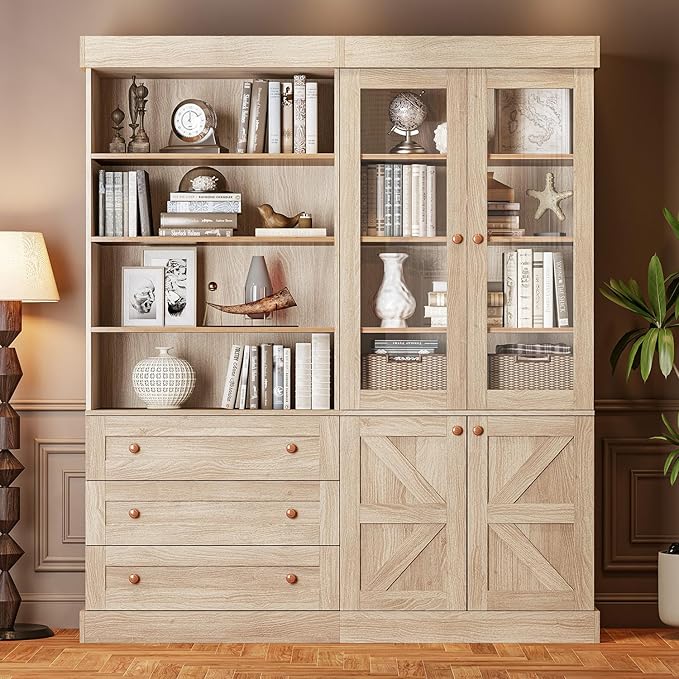 ivaniti 71" Tall Farmhouse Kitchen Pantry, Large Storage Cabinet with Glass Doors, Adjustable Shelves, 3 Drawer, Wood Versatile Hutch Cabinet for Dining Room, Living Room, Brown 2 PCS