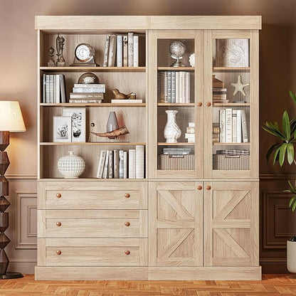 ivaniti 71" Tall Farmhouse Kitchen Pantry, Large Storage Cabinet with Glass Doors, Adjustable Shelves, 3 Drawer, Wood Versatile Hutch Cabinet for Dining Room, Living Room, Brown 2 PCS