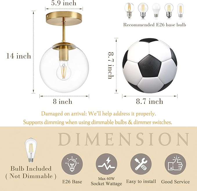 Bagood 8 Inch Gold Semi Flush Mount Ceiling Light Fixture Clear Glass Globe Ceiling Light Fixture Modern Hallway Light Fixtures Mid Century Ceiling Light Brass Finish for Entryway Bedroom (Bulb Incl.)