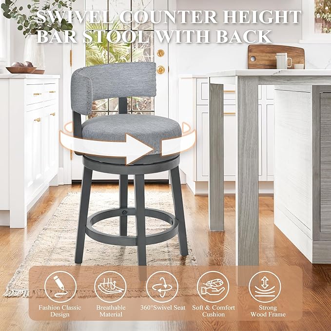 COLAMY Swivel Counter Height Bar Stools Set of 2, 25 Inch Modern Upholstered Kitchen Island Barstools with Back, Wood Swivel Bar Chairs for Counter Bar Dining Room, Grey
